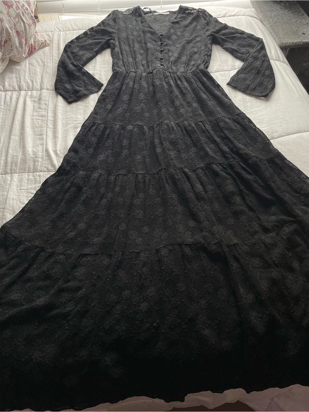 Mango Black Floral Embroidered Sheer Tiered Maxi Dress 4 Whimsigoth Dark Cottage - Picture 4 of 11